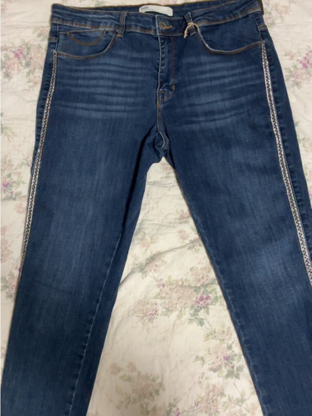 Zara Women's Dark Blue Embellished Side-Stripe Jeans